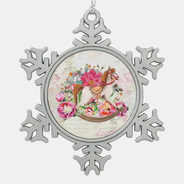 Viktorianisches Rockpferd & Poinsettia Weihnachten Schneeflocken Zinn-Ornament (Vorderseite)