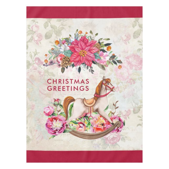 Viktorianisches Rockpferd & Poinsettia Weihnachten Tischdecke (Vorderseite)