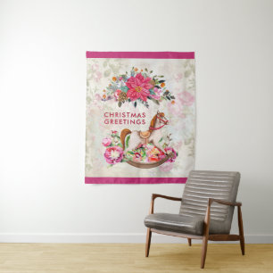 Viktorianisches Rockpferd & Poinsettia Weihnachten Wandteppich