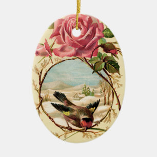 Viktorianisches rosa Rosen- und Vogel-Oval-Ornamen Keramikornament