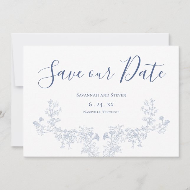 Viktorianisches sanftes blaues Blumen-Save-the-Dat Save The Date (Vorderseite)