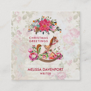 Viktorianisches Schaukelpferd & Poinsettien-Weihna Quadratische Visitenkarte