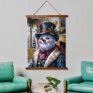 Viktorianisches Schneemann-Weihnachtsdesign Wandteppich Mit Holzrahmen