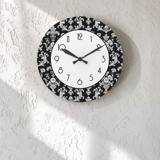 Viktorianisches Schwarz-Weiß-Damaskusmuster Große Wanduhr