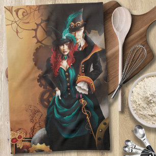 Viktorianisches Steampunk-Paar Eleganz Romantik Geschirrtuch