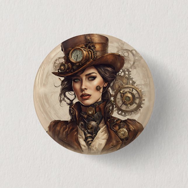 Viktorianisches Steampunk-Portrait einer Frau Button (Vorderseite)