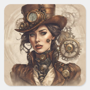 Viktorianisches Steampunk-Portrait einer Frau Quadratischer Aufkleber