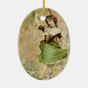 Viktorianisches Tanzen Girl Green mit Rote Rose Keramikornament