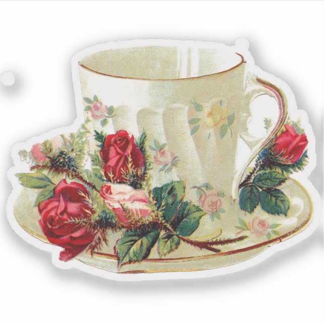 VIKTORIANISCHES TEACUP MIT ROSE CUSTOM CUT STICKER (Vorderseite)