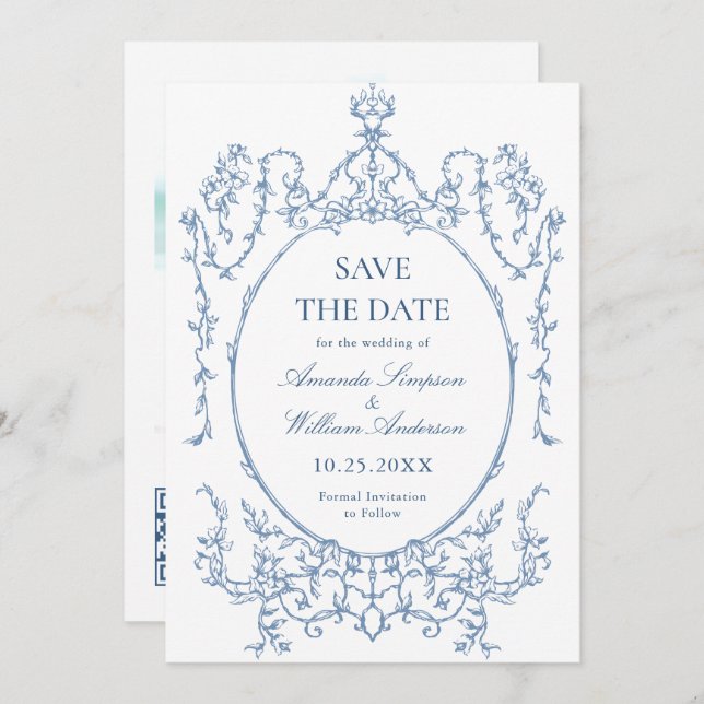 Viktorianisches Verziertes Blumendusty Blue Weddin Save The Date (Vorne/Hinten)