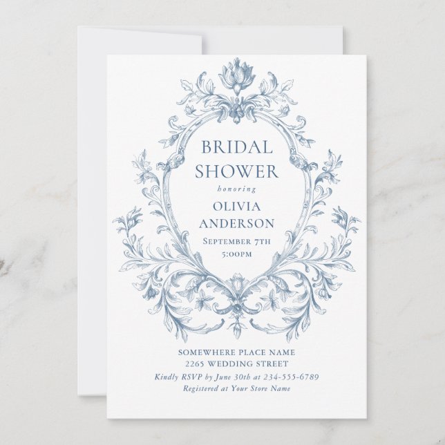 Viktorianisches Verziertes Grace Dusty Blue Brautp Einladung (Vorderseite)