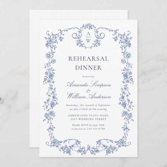 Viktorianisches Verziertes Grace Dusty Blue Probe  Einladung (Vorne/Hinten)