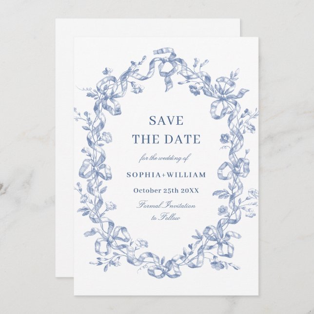 Viktorianisches Verziertes Grace Floral Blue Save  Save The Date (Vorne/Hinten)