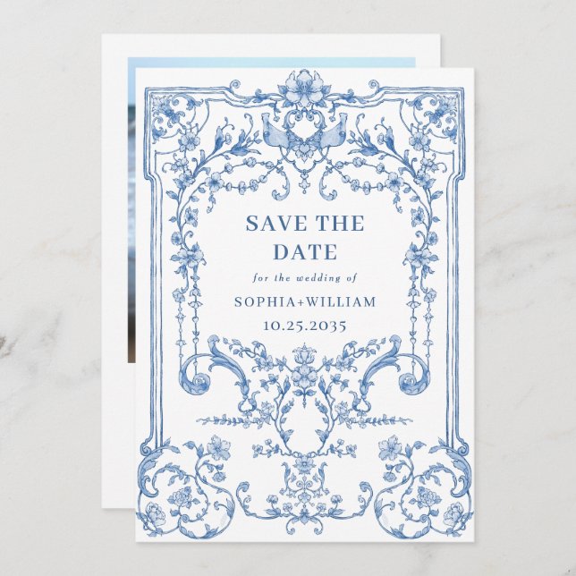 Viktorianisches Verziertes Grace Floral Blue Weddi Save The Date (Vorne/Hinten)