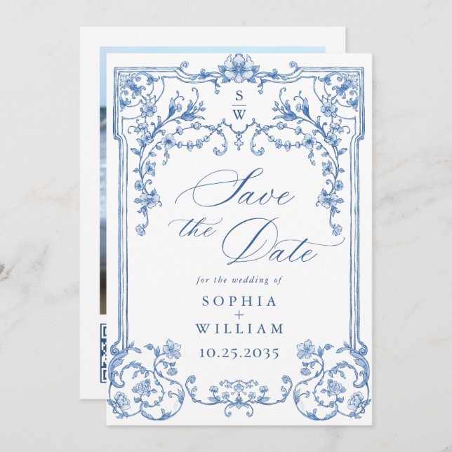 Viktorianisches Verziertes Grace Floral Blue Weddi Save The Date (Vorne/Hinten)