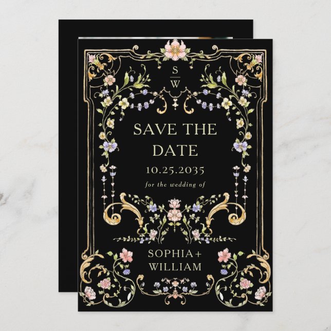 Viktorianisches Verziertes Grace Floral Frame Wedd Save The Date (Vorne/Hinten)