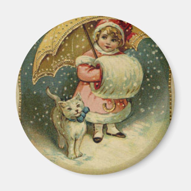 Viktorianisches Vintages Retro Kind und Katze Weih Magnet (Vorne)