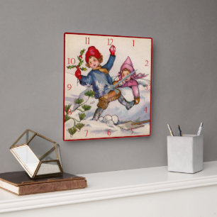 Viktorianisches Weihnachten Kinder im Schnee Uhr