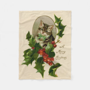 Viktorianisches Weihnachts-Kätzchen in Holly Antik Fleecedecke