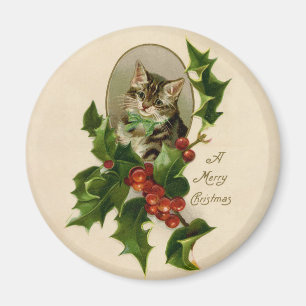 Viktorianisches Weihnachts-Kätzchen in Holly Antik Magnet
