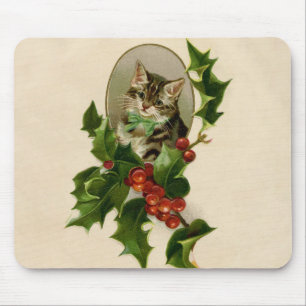 Viktorianisches Weihnachts-Kätzchen in Holly Antik Mousepad
