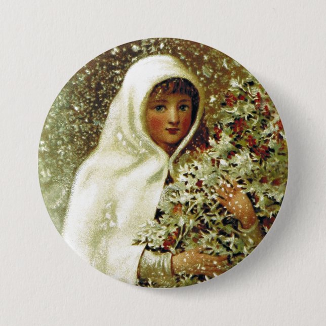 Viktorianisches Wintermädchen Stechpalmenzweige Sc Button (Vorderseite)