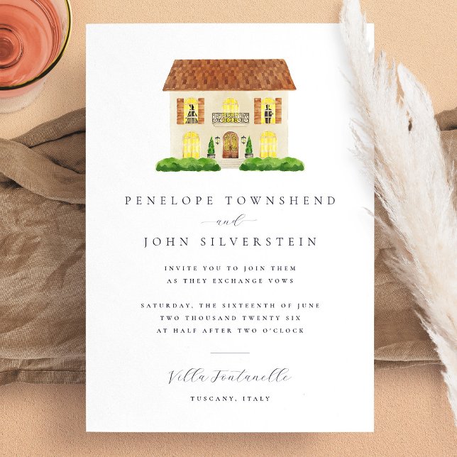 Villa dei Cedri Einladung (Elegant Watercolor Villa Illustration Wedding Invitation)