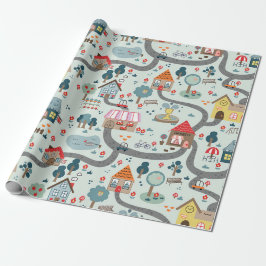 Village Illustriert Map Wrapping Paper Geschenkpapier