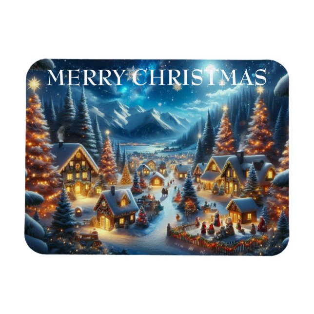Village Snowy Scene Malerei Weihnachten Magnet (Horizontal)