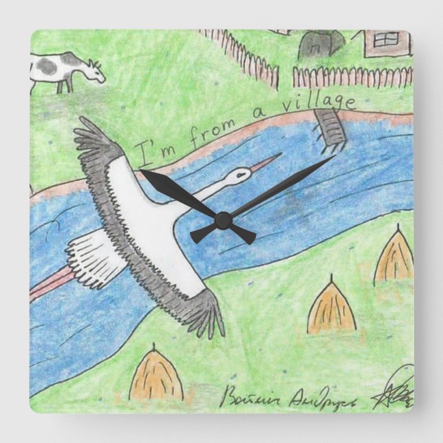 Village Vibes Quadratische Wanduhr (Vorderseite)