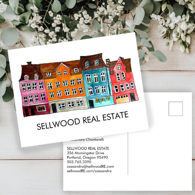 Village Watercolor Real Anwesen Broker Agent Leasi Postkarte (Village Watercolor Real Estate Broker Agent Leasing Marketing Materials Postcard
)