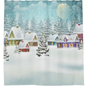 Village Winterlandschaft mit schneebedeckten Häuse Duschvorhang
