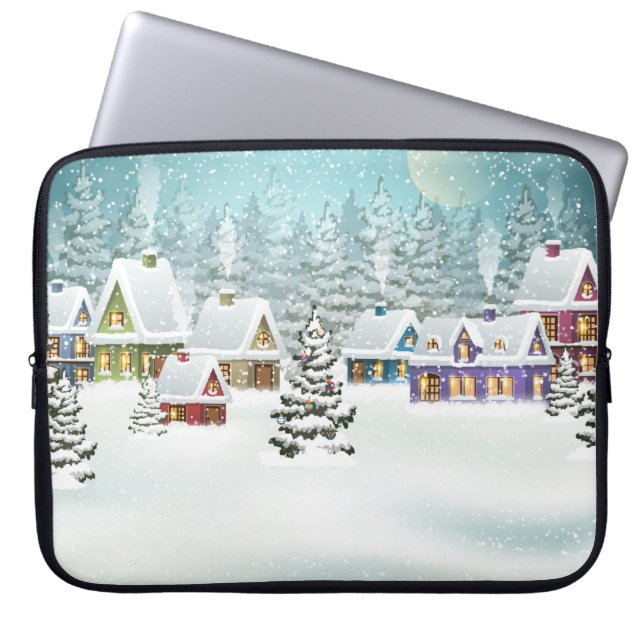 Village Winterlandschaft mit schneebedeckten Häuse Laptopschutzhülle (Vorderseite)