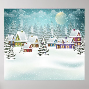 Village Winterlandschaft mit schneebedeckten Häuse Poster