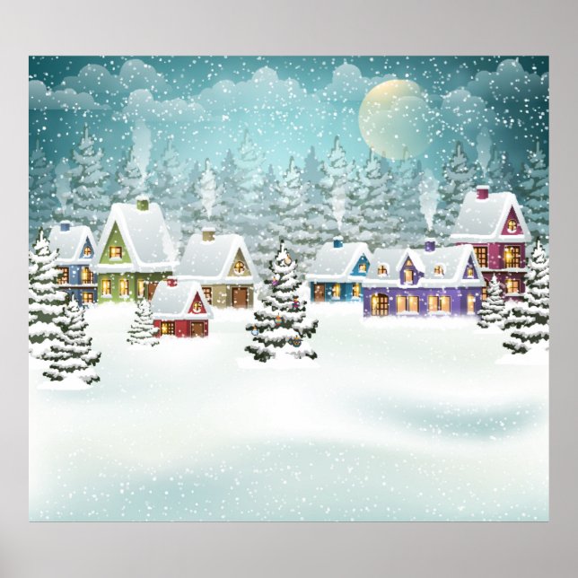 Village Winterlandschaft mit schneebedeckten Häuse Poster (Vorne)
