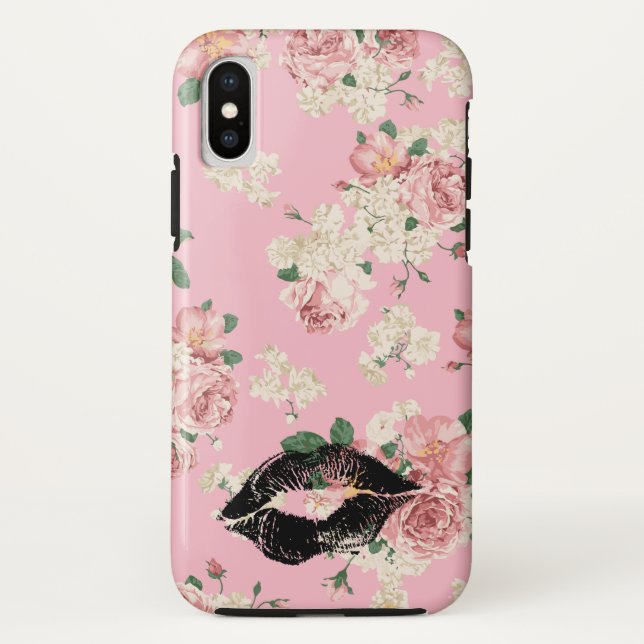 Vinage Floral Pattern Black Lipstick Kiss Case-Mate iPhone Hülle (Rückseite)