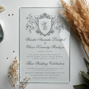 Vinatage Floral Wappen Creme Charcoal Hochzeit Acryleinladungen
