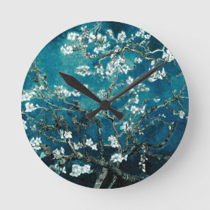 Vincent Van Gogh Almond Blossoms Dark Aquamarin Runde Wanduhr