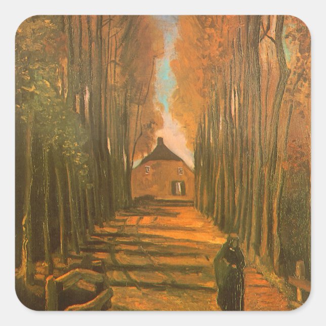 Vincent van Gogh - Avenue of Poplars im Herbst Quadratischer Aufkleber (Vorderseite)