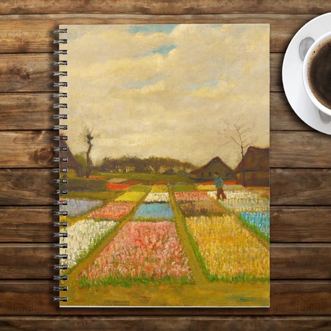 Vincent van Gogh Blume Beds in Holland Notizblock (Van Gogh Flower Beds in Holland Notebook on Rustic Brown Wood Tabletop with Coffee)