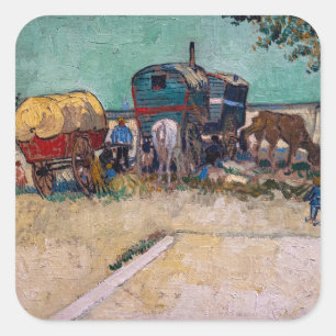 Vincent Van Gogh - Caravans, Sinti und Roma Camp b Quadratischer Aufkleber