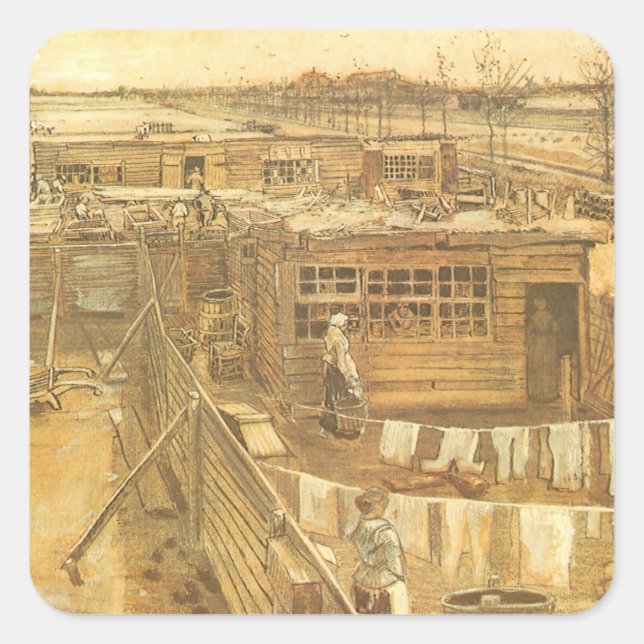 Vincent van Gogh - Carpenter's Yard and Wäsche Quadratischer Aufkleber (Vorderseite)