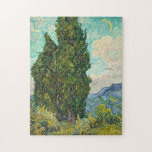 Vincent Van Gogh Cypresses Puzzle<br><div class="desc">Schöne Vintage Kunstwerke,  berühmter impressionistischer Maler Vincent Van Gogh. Diese impressionistische Kunst zeigt Zypressen auf einem Feld vor wirbelnden Wolken und einem Mond am Himmel. Die Tees,  Gelb und Grüntöne machen ein schönes Rätsel.</div>