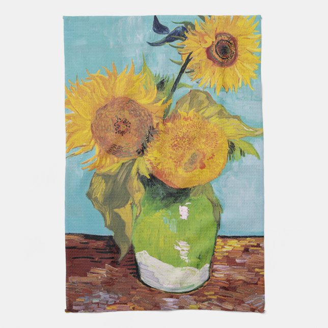 Vincent Van Gogh - Drei Sonnenblumen in einer Vase Geschirrtuch (Vertikal)