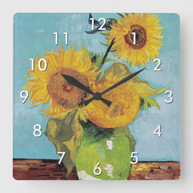 Vincent Van Gogh - Drei Sonnenblumen in einer Vase Quadratische Wanduhr (Vorderseite)