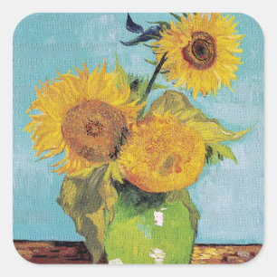 Vincent Van Gogh - Drei Sonnenblumen in einer Vase Quadratischer Aufkleber