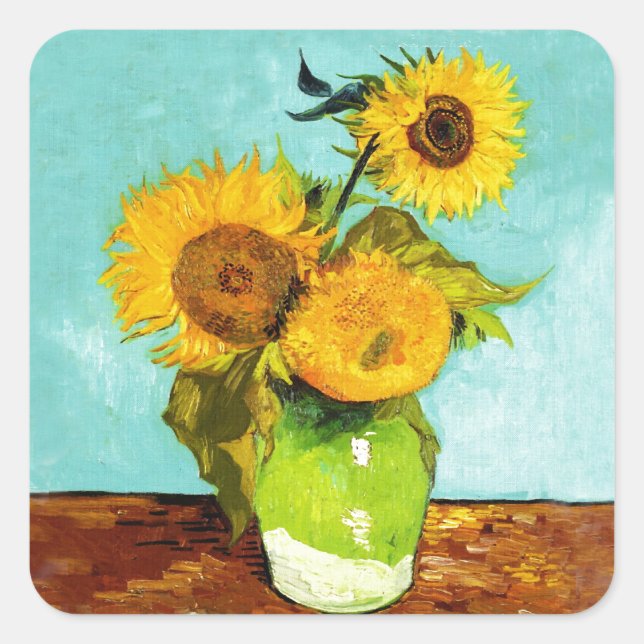 Vincent Van Gogh Drei Sonnenblumen in einer Vase Quadratischer Aufkleber (Vorderseite)