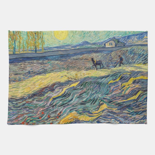 Vincent van Gogh - Feld mit pflügenden Bauern Geschirrtuch (Horizontal)