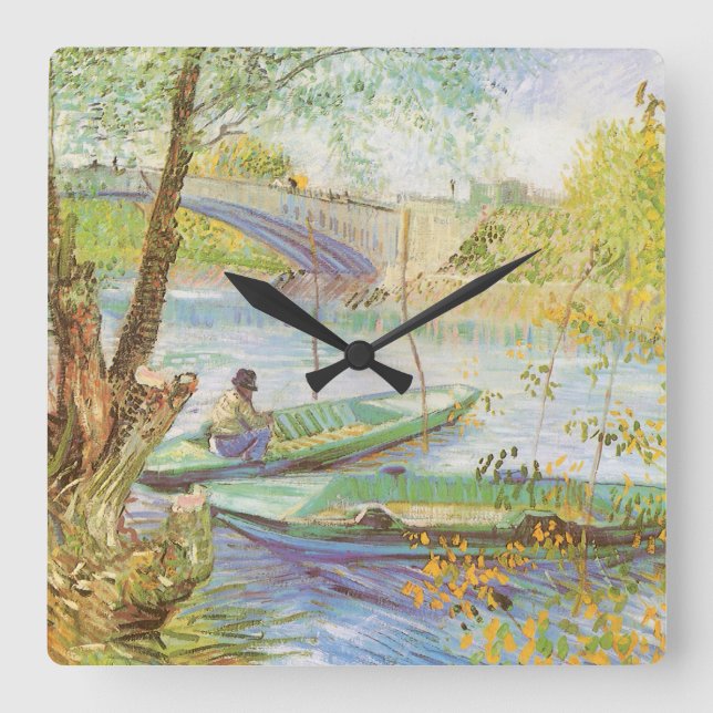 Vincent van Gogh Fishing im Frühling, Pont de Clic Quadratische Wanduhr (Vorderseite)