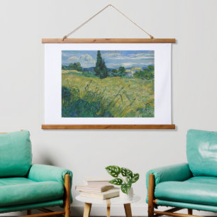 Vincent Van Gogh, Grünes Weizenfeld mit Cypress Wandteppich Mit Holzrahmen